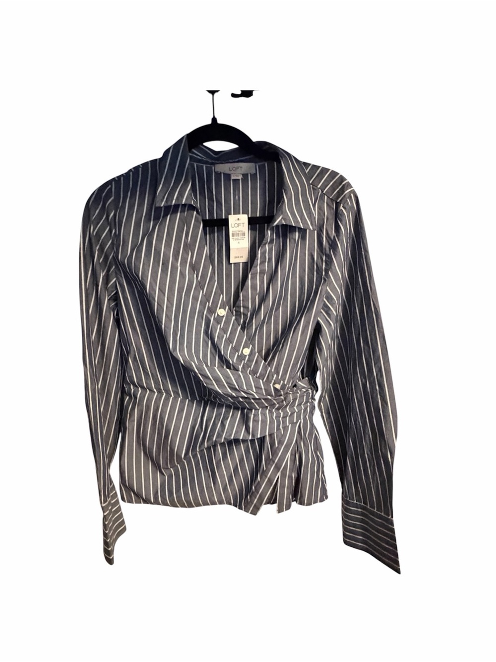 LOFT Black and White Pinstripe Wrap Button-Down Blouse